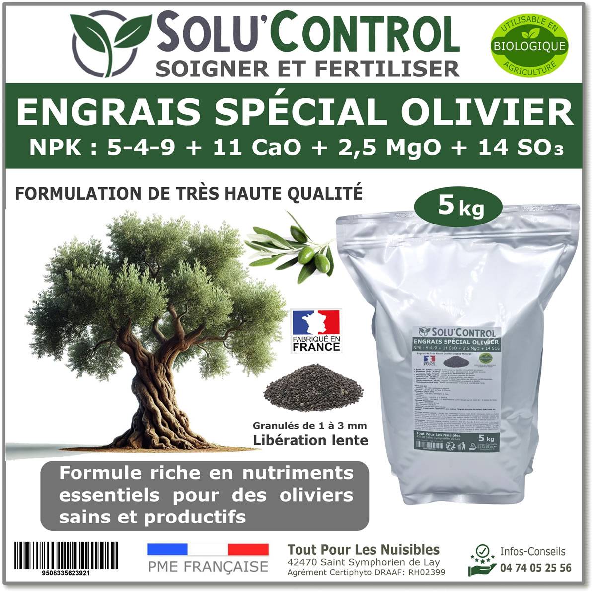 SOLU’CONTROL - ENGRAIS Spécial OLIVIER 5 kg - Formulation haute qualité Organo-Minerale - NPK 5-4-9 - Utilisable en Agriculture Biologique - Image 1