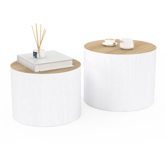 Lot de 2 tables basses cylindres gigognes GALIA bois et blanc - Image 2