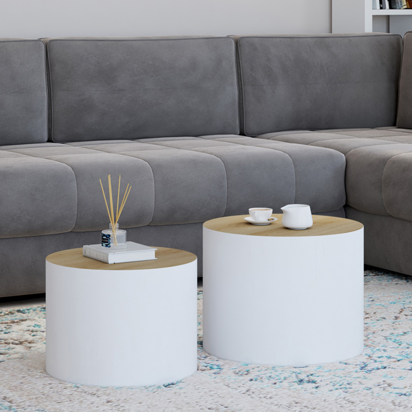 Lot de 2 tables basses cylindres gigognes GALIA bois et blanc - Image 1