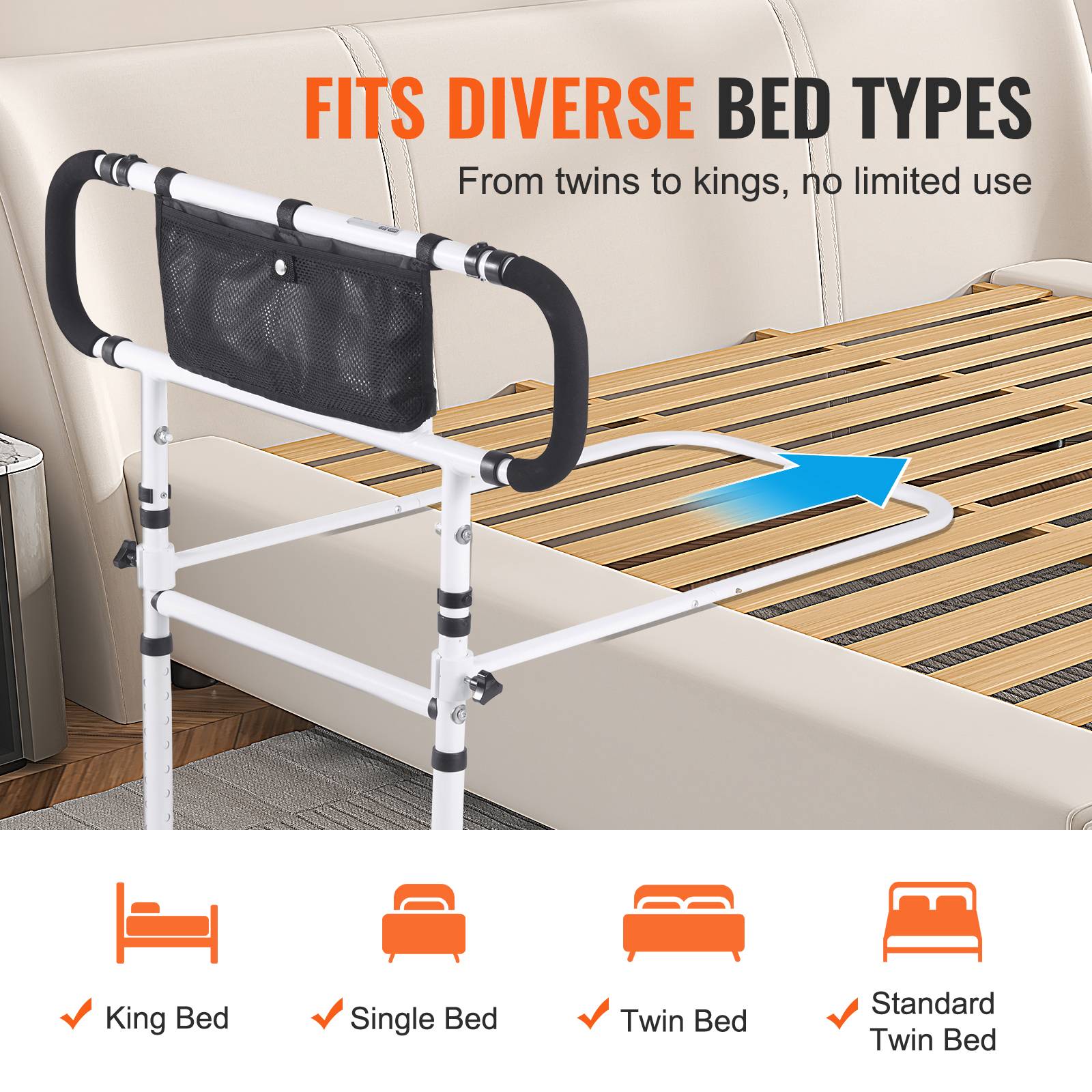 Vevor - VEVOR Barrière de lit pliable 180°, charge 204kg, poignée 4 niveaux, poche rangement, pour lit double/king. - Image 6