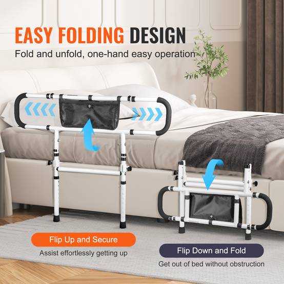 Vevor - VEVOR Barrière de lit pliable 180°, charge 204kg, poignée 4 niveaux, poche rangement, pour lit double/king. - Image 3