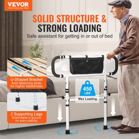 Vevor - VEVOR Barrière de lit pliable 180°, charge 204kg, poignée 4 niveaux, poche rangement, pour lit double/king. - Image 2