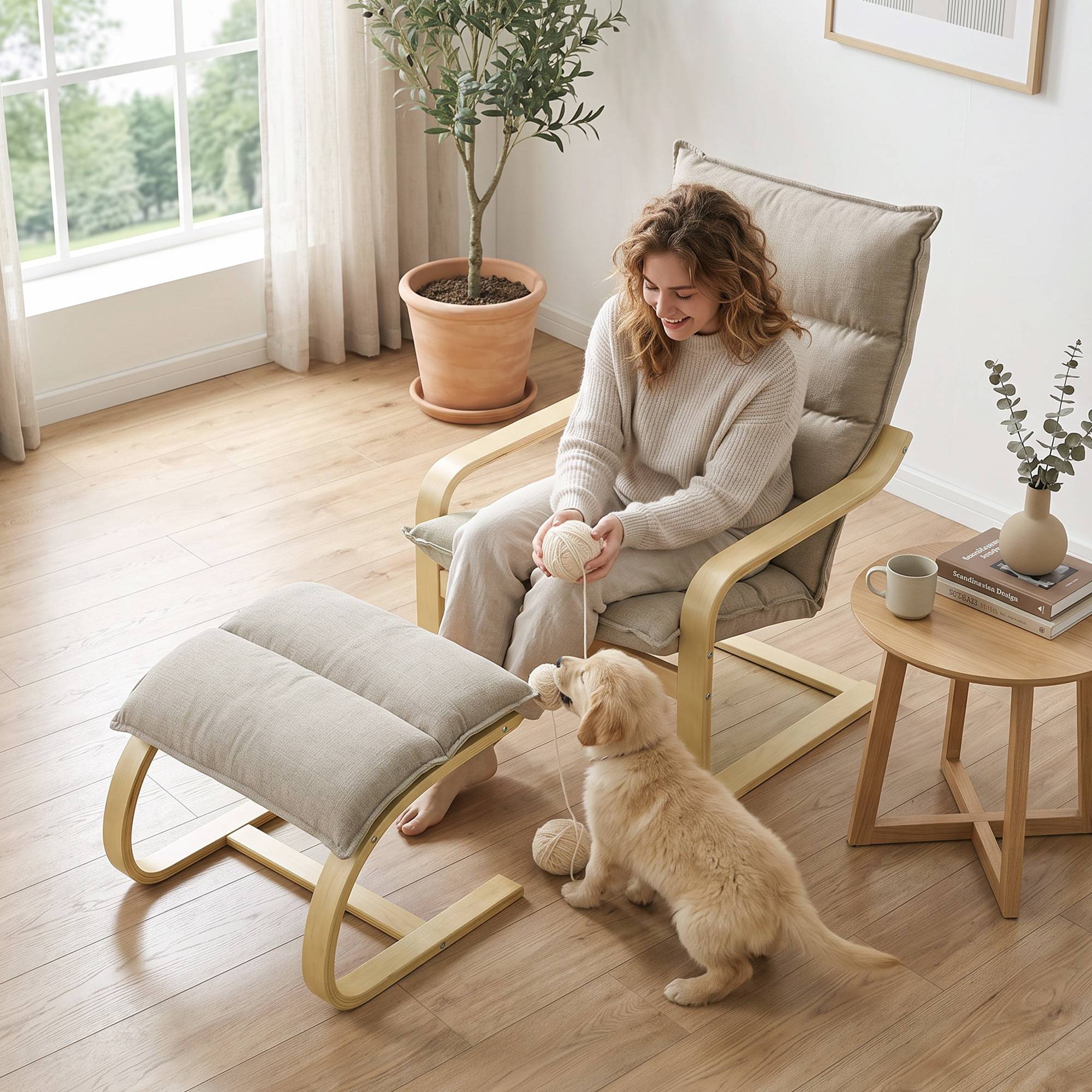 Sans Marque - Fauteuil de Salon avec Repose-Pied, Fauteuil d'Appoint en Lin, Assise Large, Dossier Haut, Bascule Douce, Beige - Image 10