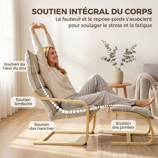 Sans Marque - Fauteuil de Salon avec Repose-Pied, Fauteuil d'Appoint en Lin, Assise Large, Dossier Haut, Bascule Douce, Beige - Image 8