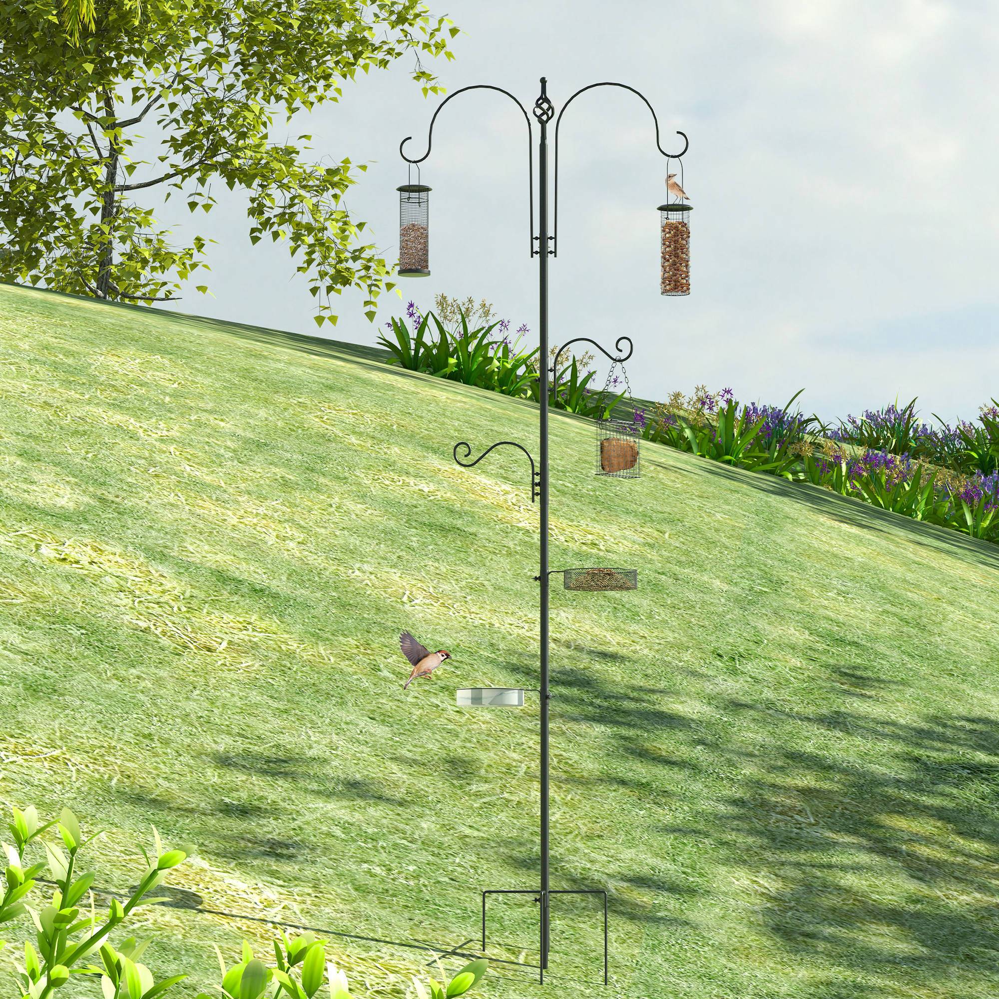Station nourrissage oiseaux acier 4 crochets 3 mangeoires incluses 208cm noir - ComfortXL Outdoor Living - Image 3