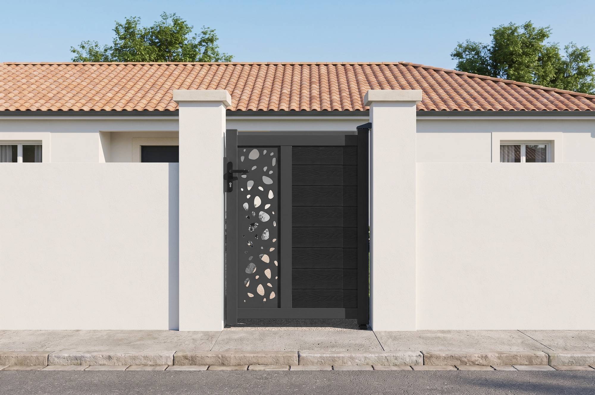 CASANOOV - Portillon bois composite 1m ATHOS SUNNY H.140cm gris anthracite avec cadre aluminium + 2 poteaux EIFEL aluminium 10x10cm