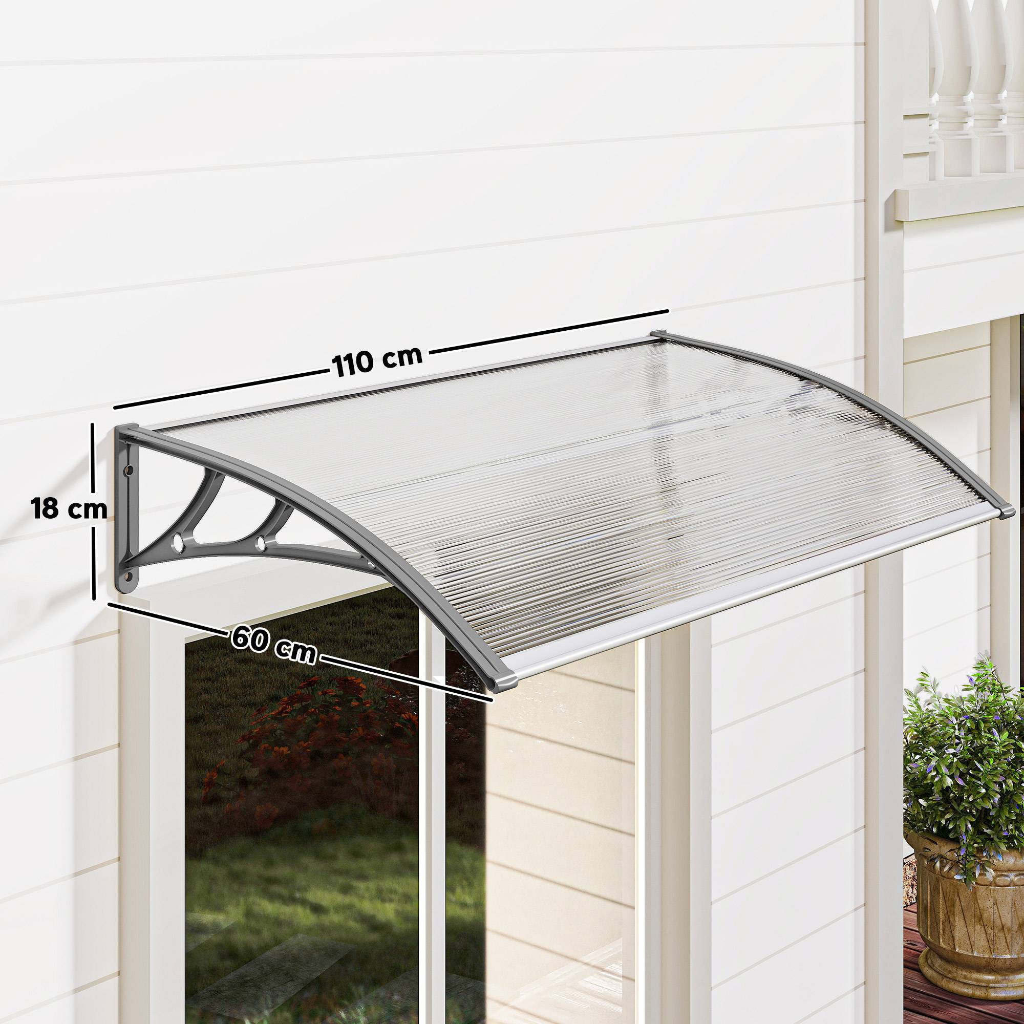 Auvent de porte, protection pluie, vent et grêle, polycarbonate, barres alu, 110 x 60 x 18 cm, gris - Image 5