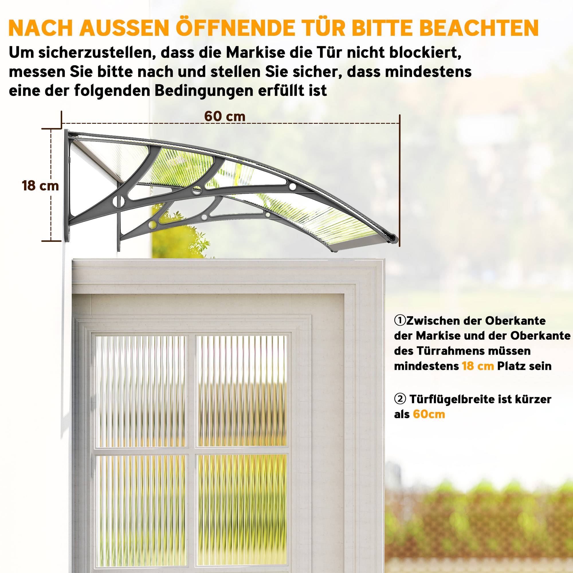 Auvent de porte, protection pluie, vent et grêle, polycarbonate, barres alu, 110 x 60 x 18 cm, gris - Image 9