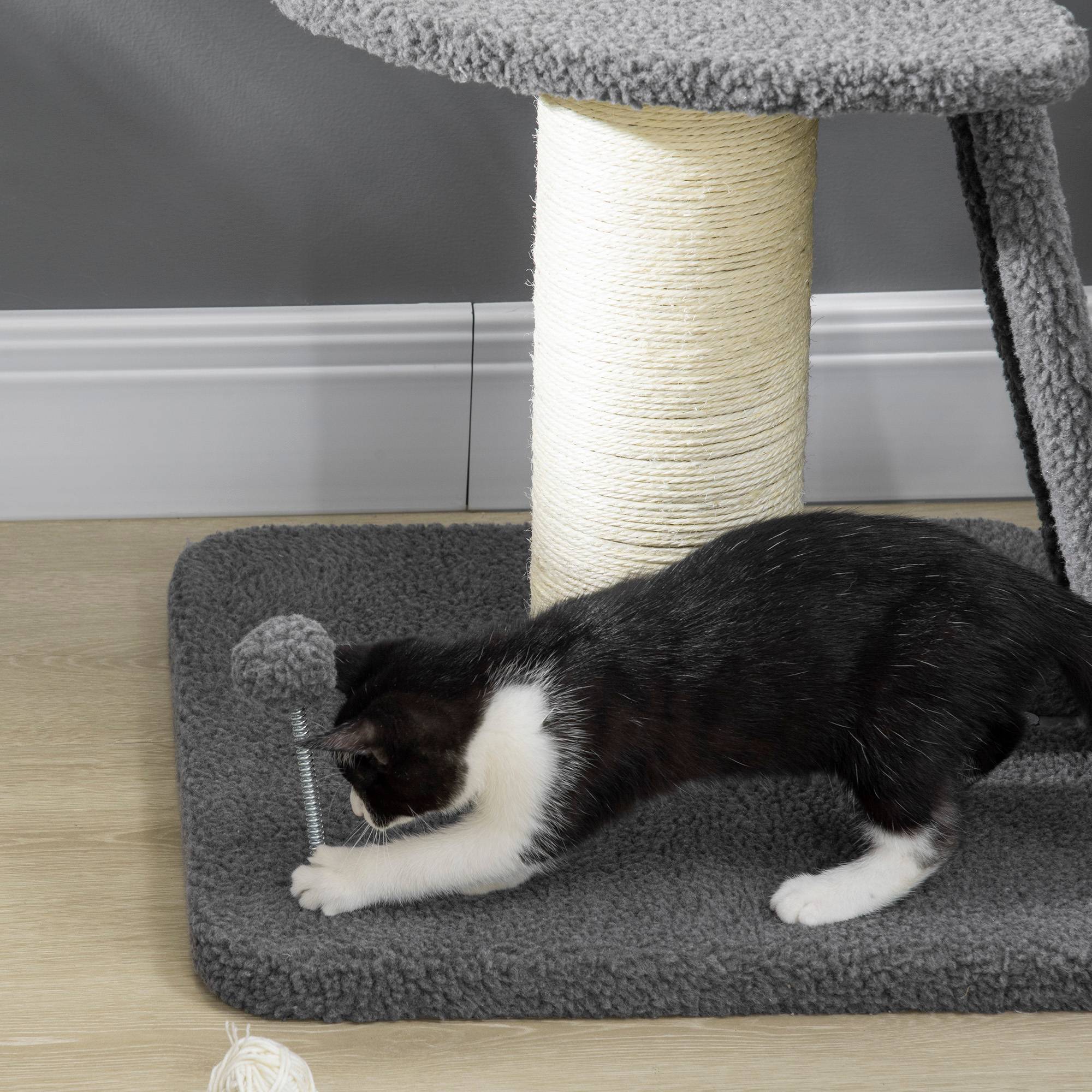 Pawhut - Arbre à chat 3 griffoirs grattoirs sisal naturel plateforme panier 2 boules suspendues peluche haute densité 220 g/m² gris - Imagen 9
