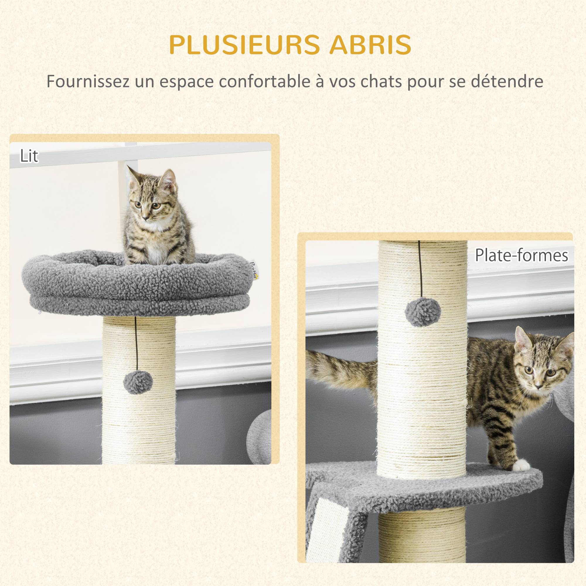 Pawhut - Arbre à chat 3 griffoirs grattoirs sisal naturel plateforme panier 2 boules suspendues peluche haute densité 220 g/m² gris - Imagen 4