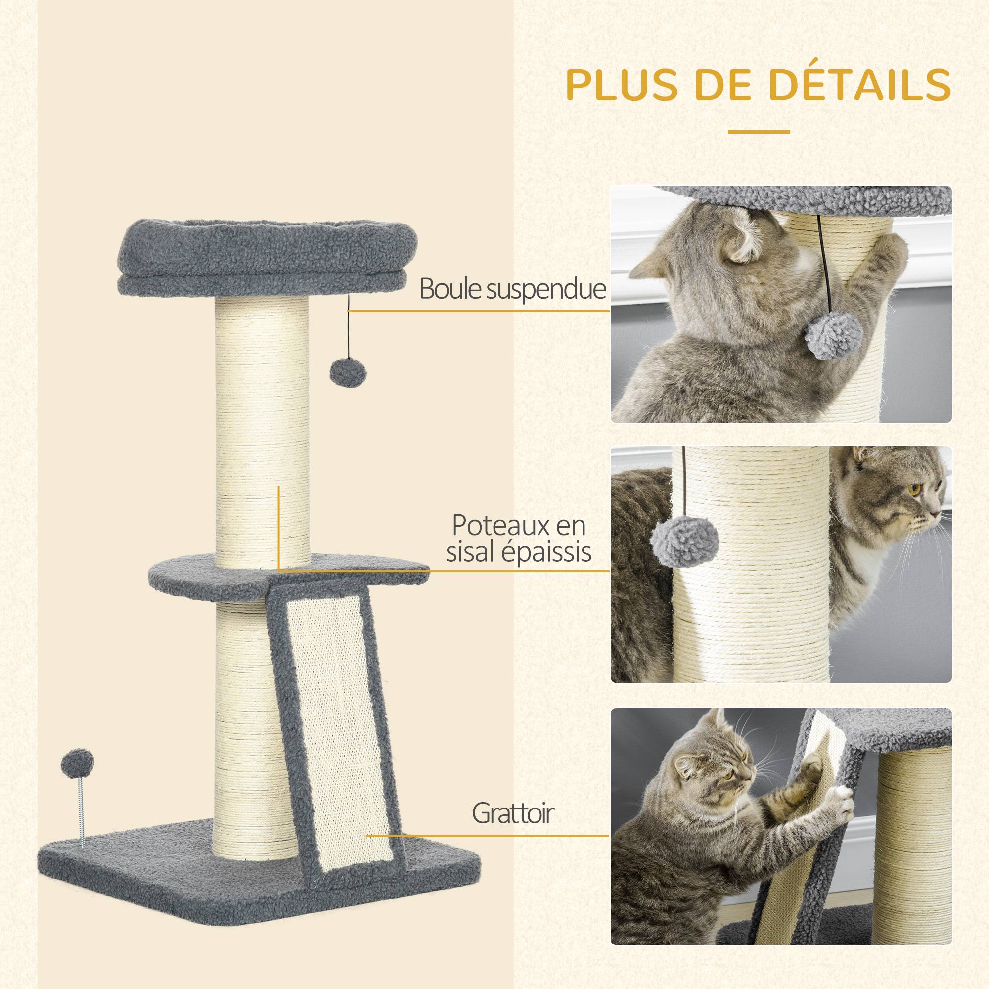 Pawhut - Arbre à chat 3 griffoirs grattoirs sisal naturel plateforme panier 2 boules suspendues peluche haute densité 220 g/m² gris - Imagen 5