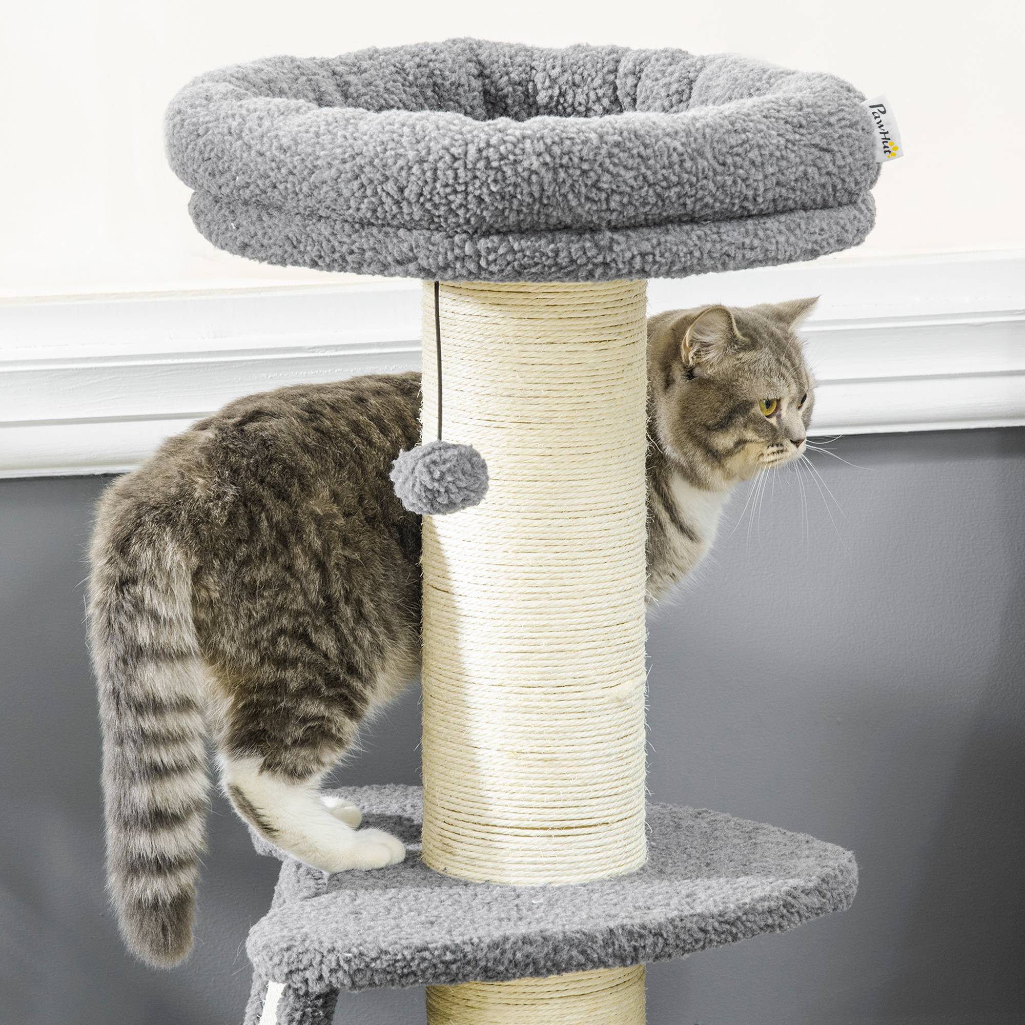 Pawhut - Arbre à chat 3 griffoirs grattoirs sisal naturel plateforme panier 2 boules suspendues peluche haute densité 220 g/m² gris - Imagen 8