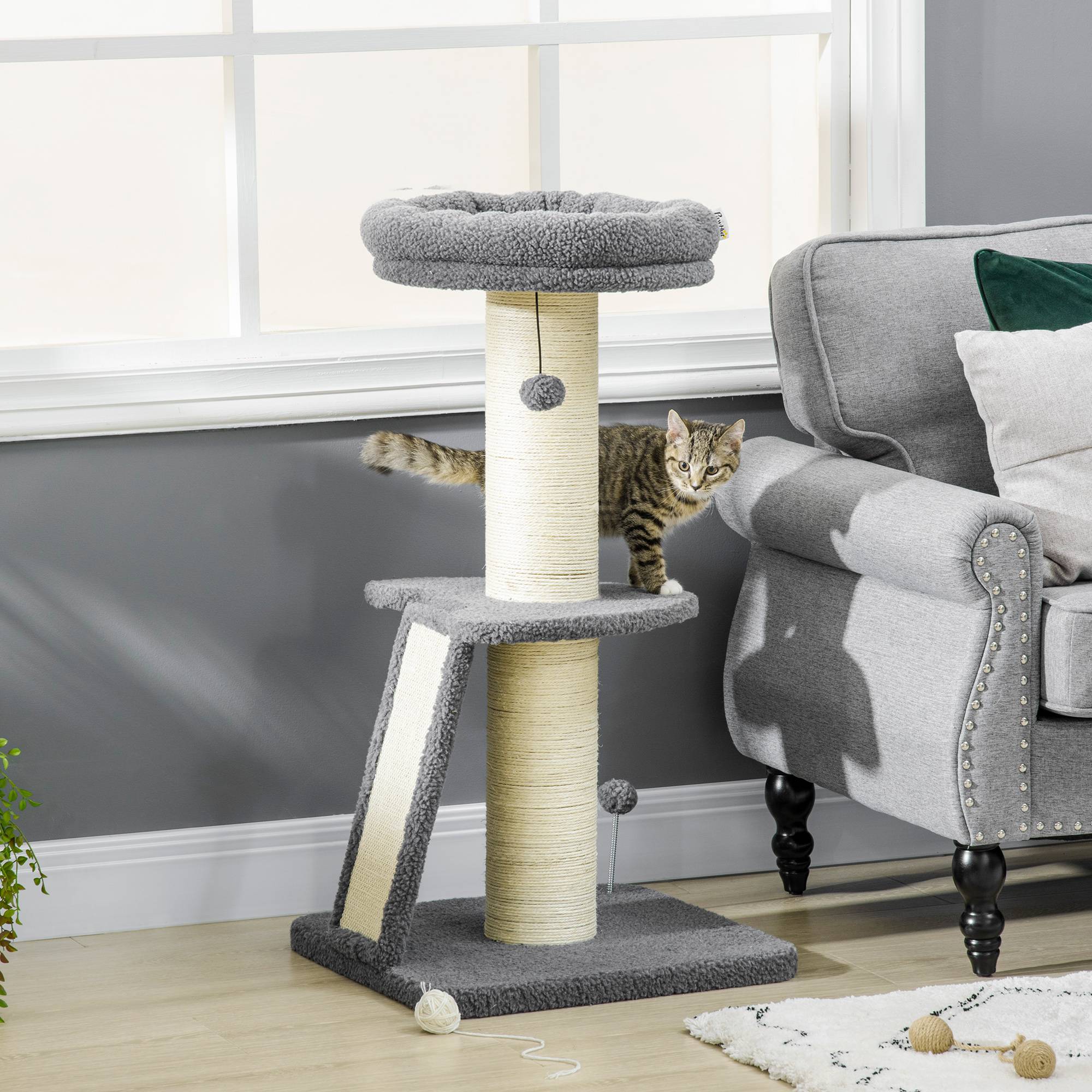 Pawhut - Arbre à chat 3 griffoirs grattoirs sisal naturel plateforme panier 2 boules suspendues peluche haute densité 220 g/m² gris - Imagen 2