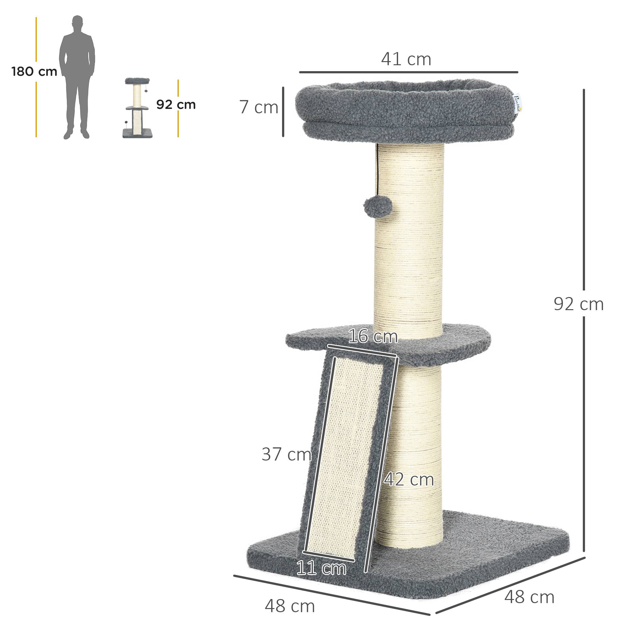 Pawhut - Arbre à chat 3 griffoirs grattoirs sisal naturel plateforme panier 2 boules suspendues peluche haute densité 220 g/m² gris - Imagen 3