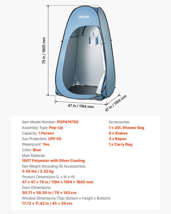 Vevor - VEVOR Tente de douche pop-up portable, abri d’intimité extérieur pour camping, plage, pêche, polyester 190T, sac de douche et accessoires - Image 6