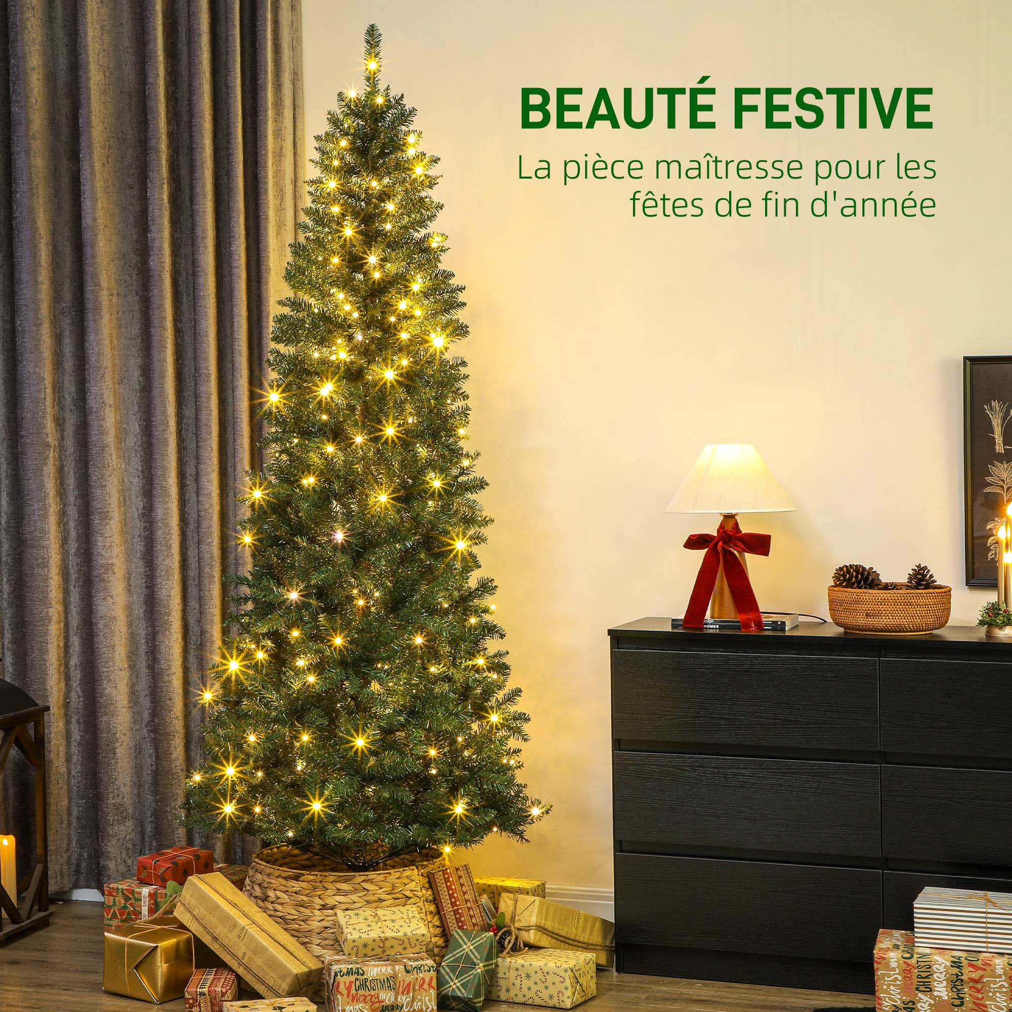 Sapin de Noël artificiel 210 cm, arbre de Noël fin avec 350 lumières, 1273 pointes, support en métal pliable, vert - Image 5