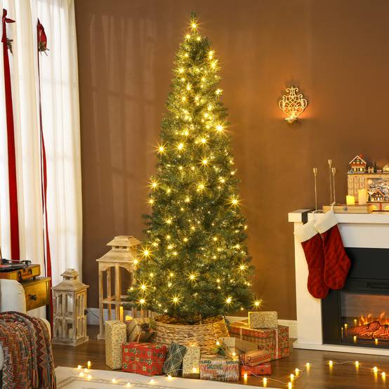 Sapin de Noël artificiel 210 cm, arbre de Noël fin avec 350 lumières, 1273 pointes, support en métal pliable, vert - Image 3