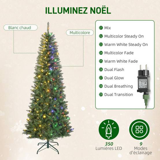 Sapin de Noël artificiel 210 cm, arbre de Noël fin avec 350 lumières, 1273 pointes, support en métal pliable, vert - Image 6