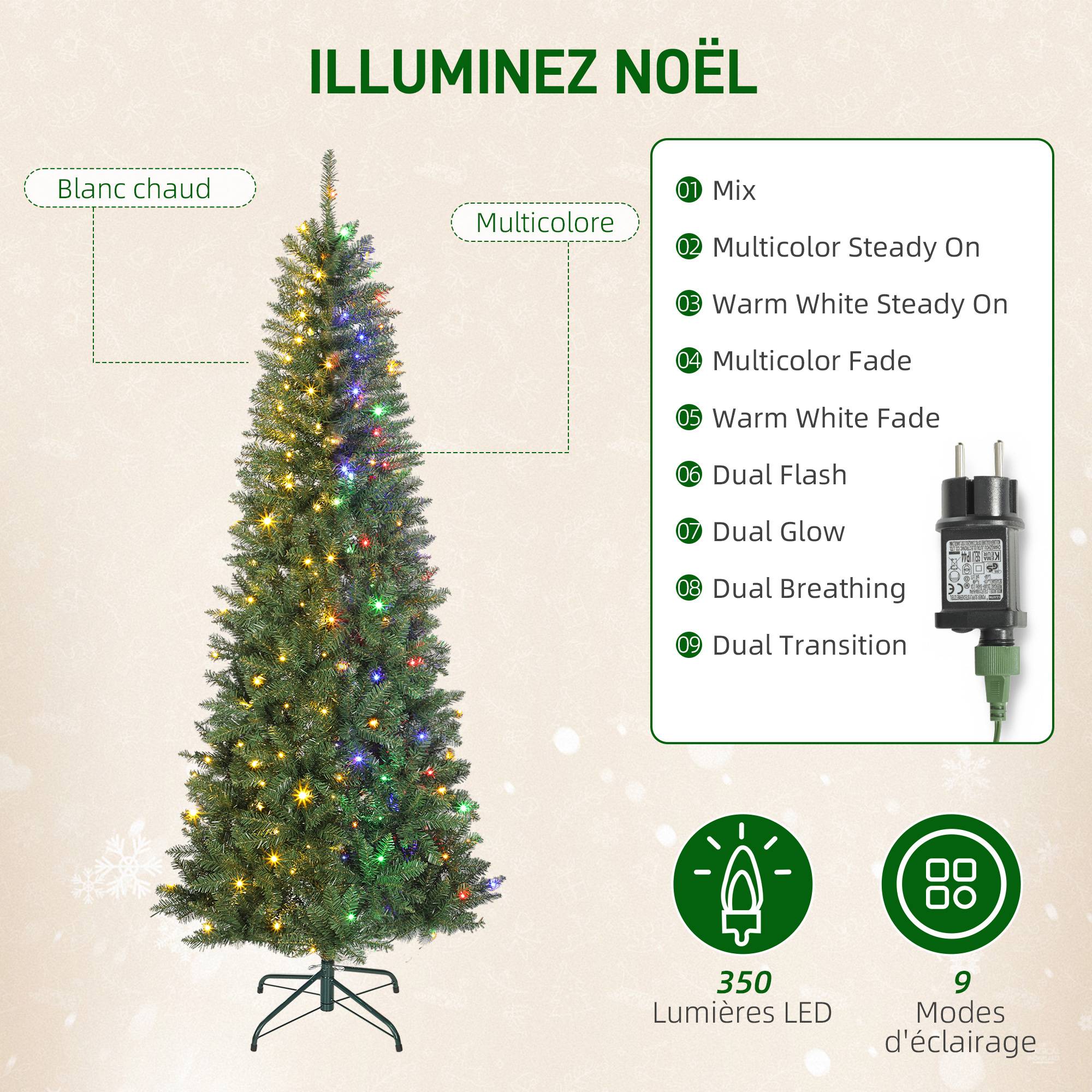 Sapin de Noël artificiel 210 cm, arbre de Noël fin avec 350 lumières, 1273 pointes, support en métal pliable, vert - Image 6