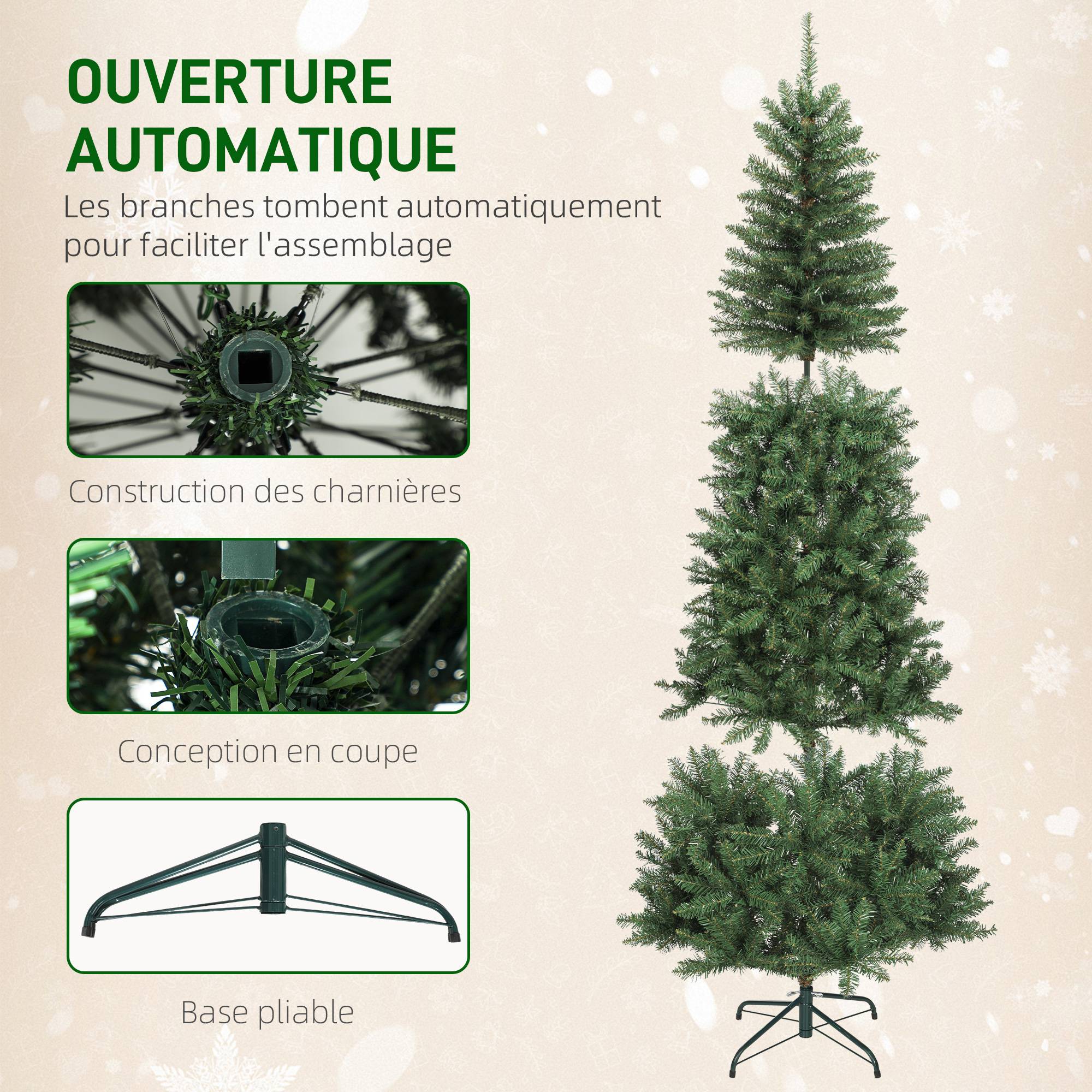 Sapin de Noël artificiel 210 cm, arbre de Noël fin avec 350 lumières, 1273 pointes, support en métal pliable, vert - Image 8