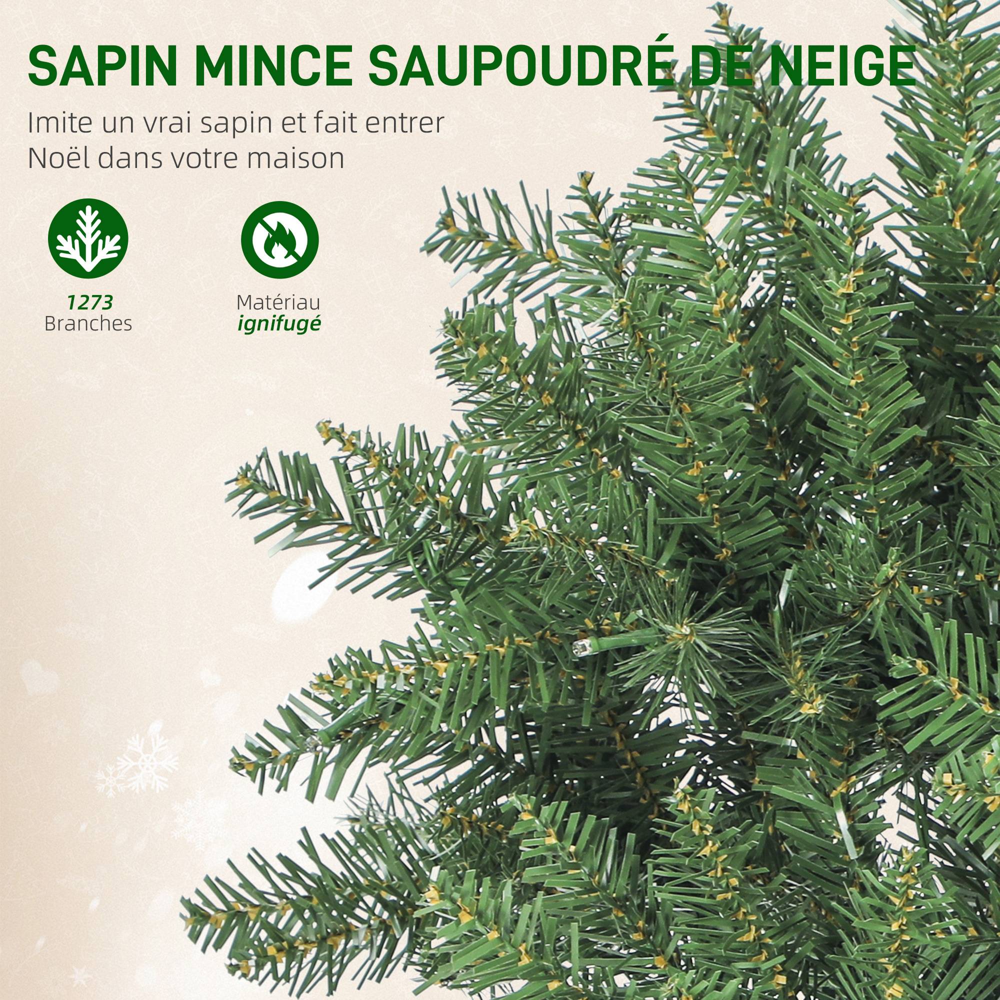 Sapin de Noël artificiel 210 cm, arbre de Noël fin avec 350 lumières, 1273 pointes, support en métal pliable, vert - Image 7