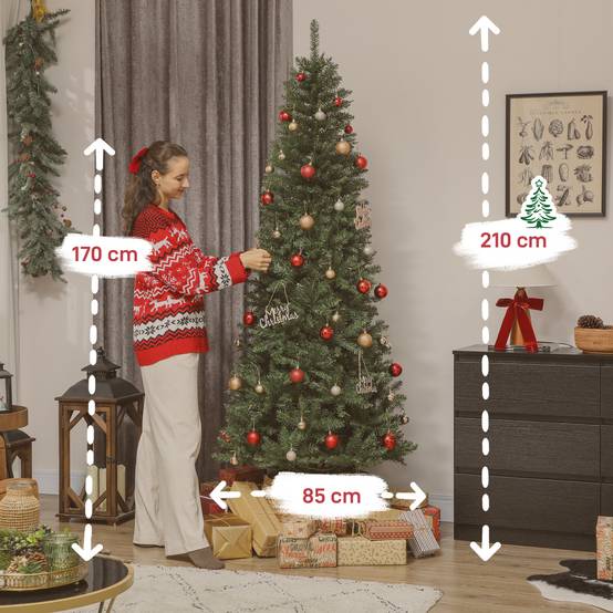 Sapin de Noël artificiel 210 cm, arbre de Noël fin avec 350 lumières, 1273 pointes, support en métal pliable, vert - Image 4