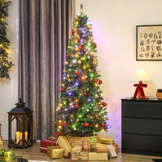 Sapin de Noël artificiel 210 cm, arbre de Noël fin avec 350 lumières, 1273 pointes, support en métal pliable, vert - Image 2