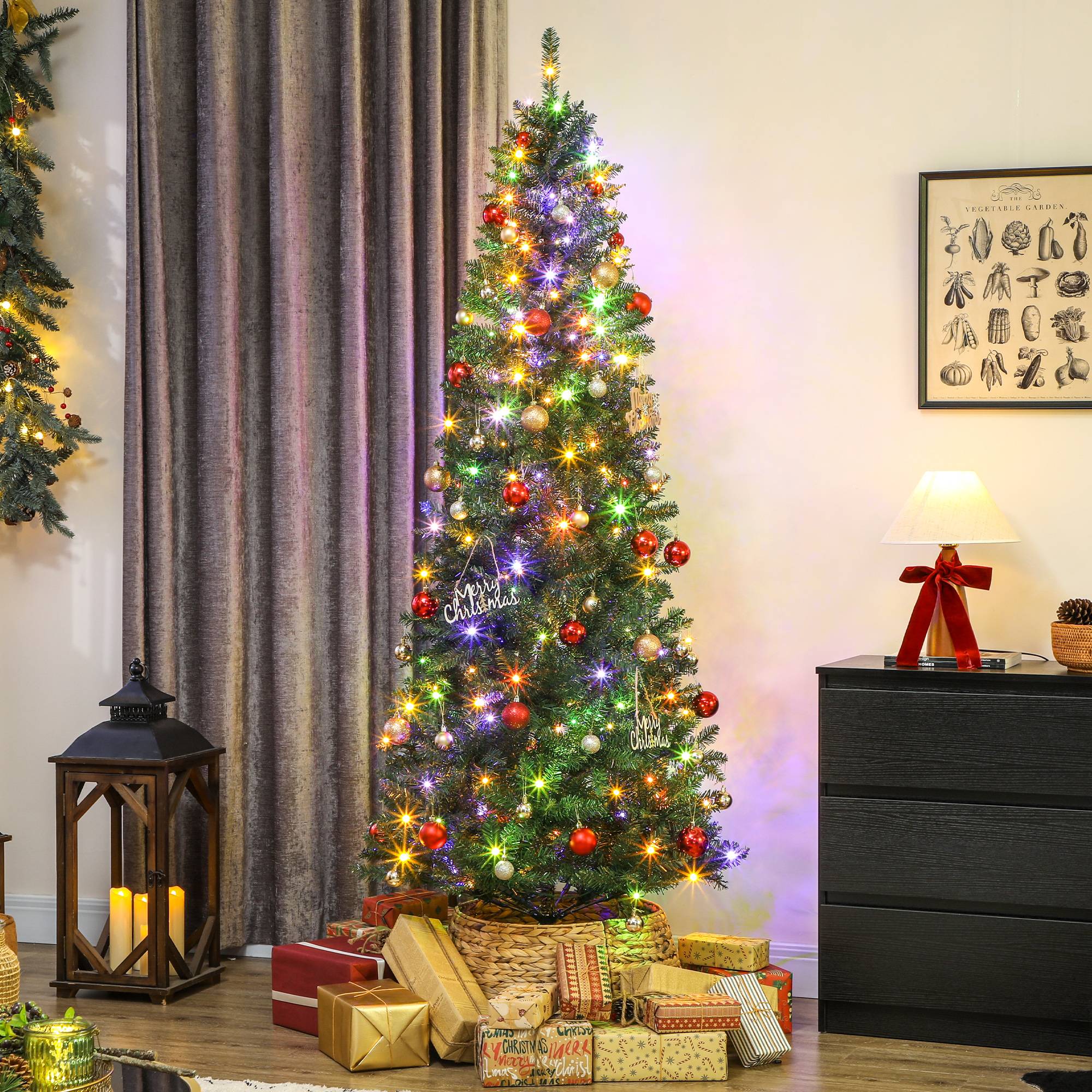 Sapin de Noël artificiel 210 cm, arbre de Noël fin avec 350 lumières, 1273 pointes, support en métal pliable, vert - Image 2