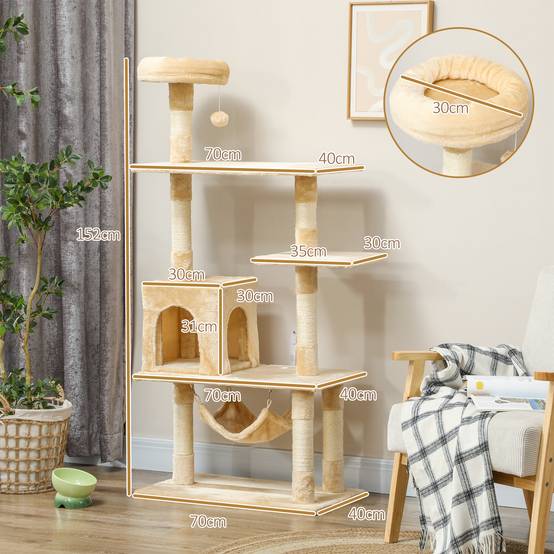Arbre à Chat 152 cm avec Niche Hamac et Plateformes Griffoir en Sisal Multi-Niveaux Beige - ComfortXL Outdoor Living - Image 5