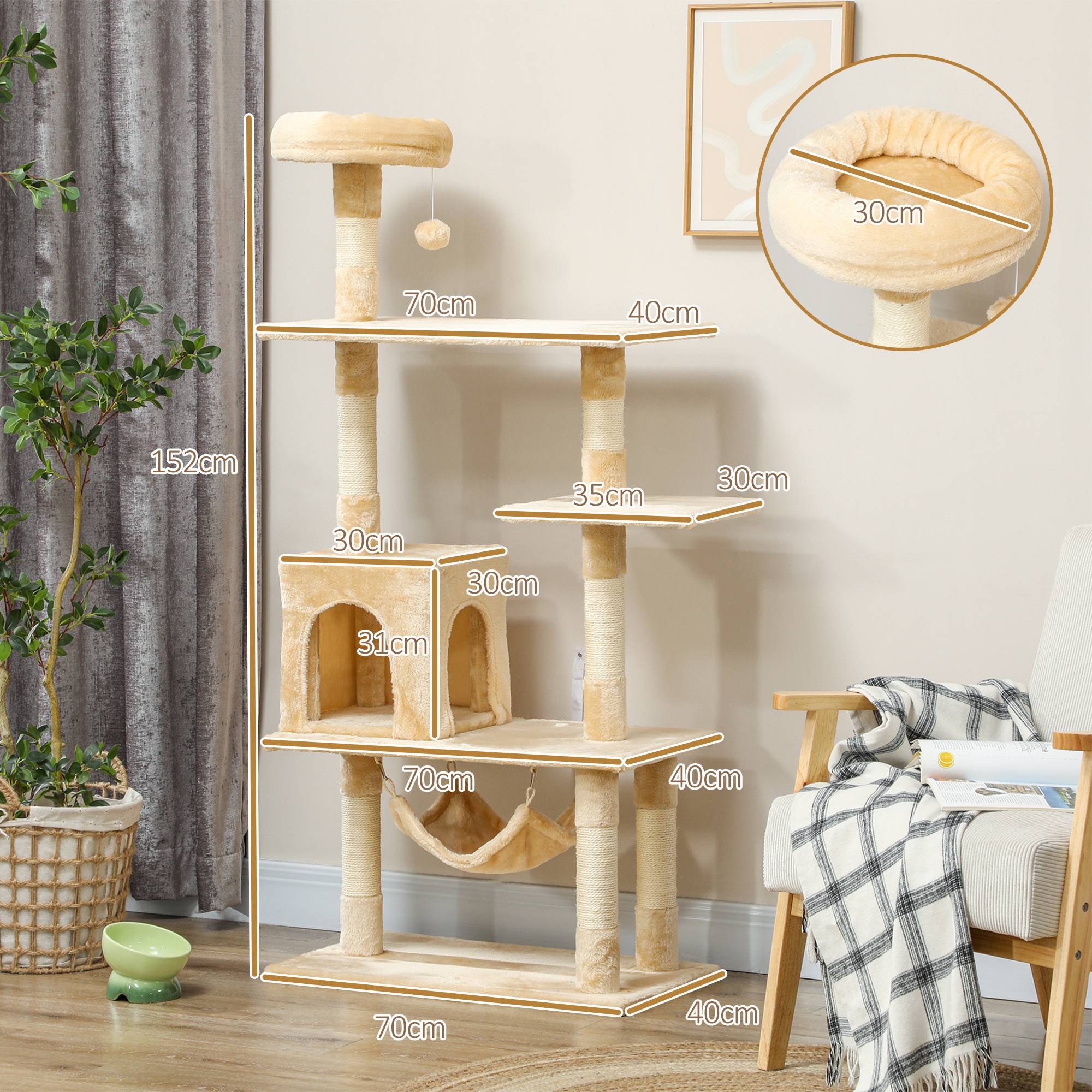 Arbre à Chat 152 cm avec Niche Hamac et Plateformes Griffoir en Sisal Multi-Niveaux Beige - ComfortXL Outdoor Living - Image 5