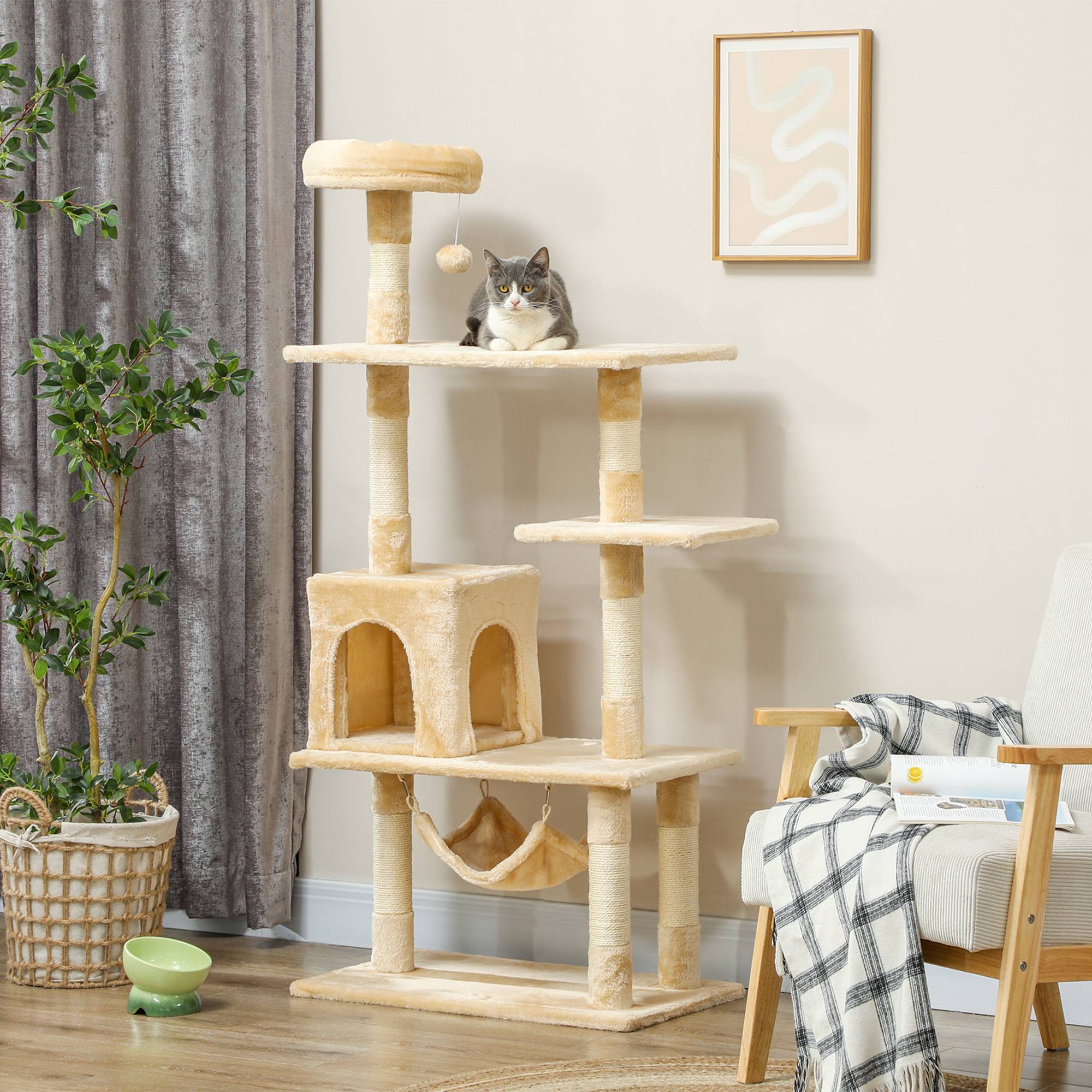 Arbre à Chat 152 cm avec Niche Hamac et Plateformes Griffoir en Sisal Multi-Niveaux Beige - ComfortXL Outdoor Living - Image 4