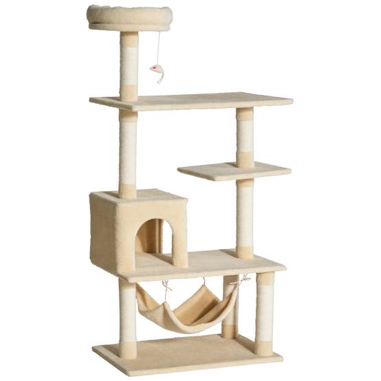 Arbre à Chat 152 cm avec Niche Hamac et Plateformes Griffoir en Sisal Multi-Niveaux Beige - ComfortXL Outdoor Living - Image 1