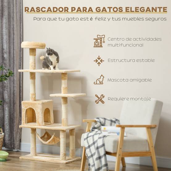 Arbre à Chat 152 cm avec Niche Hamac et Plateformes Griffoir en Sisal Multi-Niveaux Beige - ComfortXL Outdoor Living - Image 6