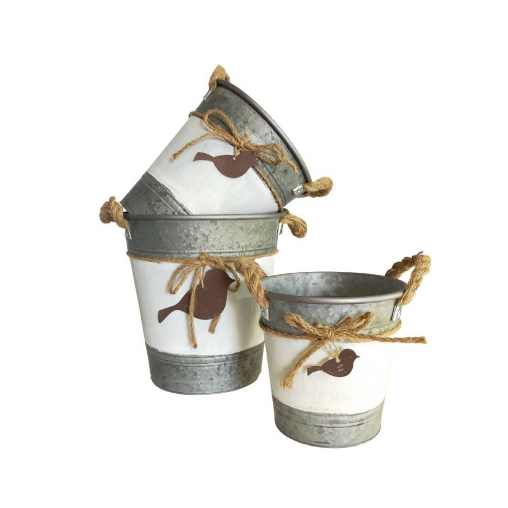~ Set de 3 cache-pots en métal blanc gris et marron Ø.18-21-25 cm Chemin de campagne - Imagen 1