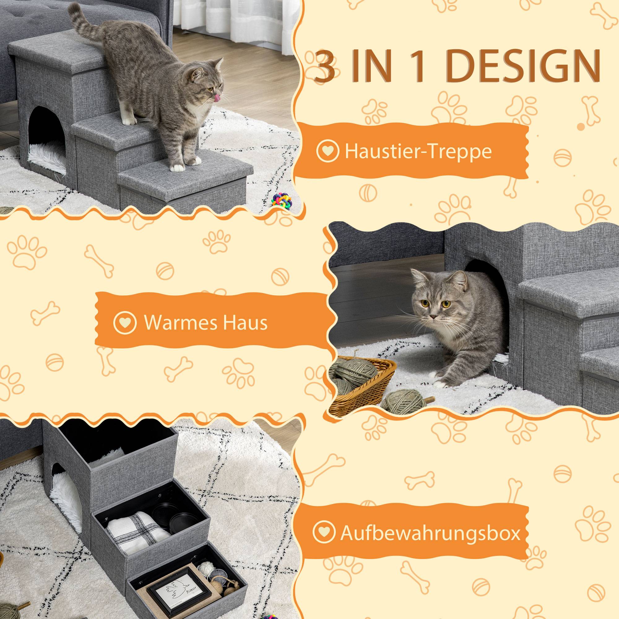 Escalier chien 3 marches 40,5 cm haut niche coussin rangement chats petits chiens rampe housse lavable gris clair - Image 6