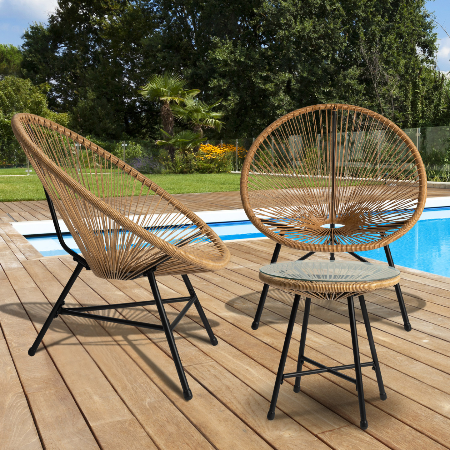 Salon de jardin IZMIR table et 2 fauteuils oeuf cordage effet rotin - Image 1