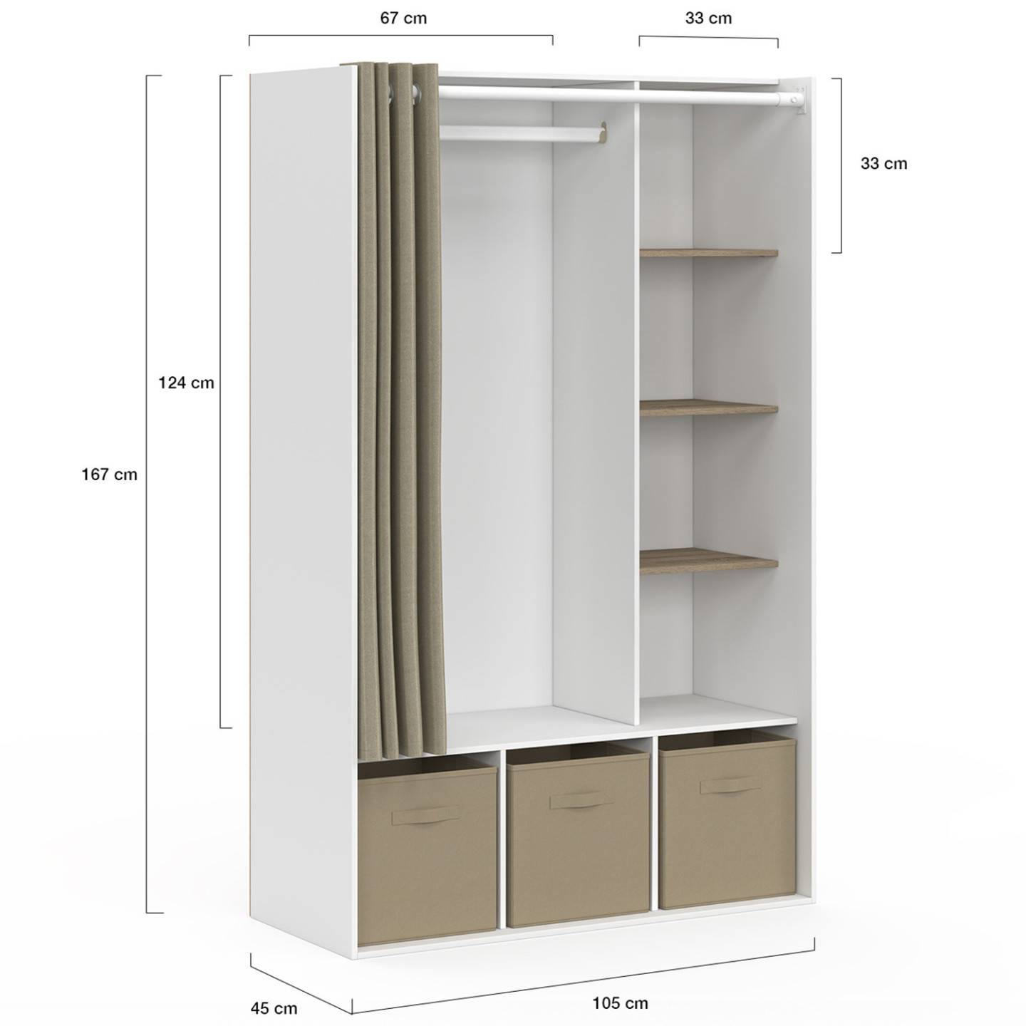 Dressing penderie DIANE 105 x 45 x 167 cm blanc avec étagères + boites de rangement + rideau taupe - Image 4