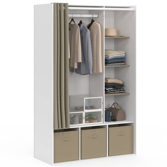 Dressing penderie DIANE 105 x 45 x 167 cm blanc avec étagères + boites de rangement + rideau taupe - Image 2