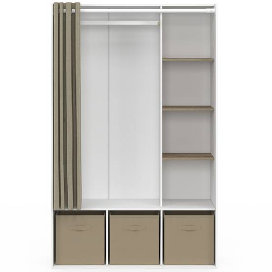 Dressing penderie DIANE 105 x 45 x 167 cm blanc avec étagères + boites de rangement + rideau taupe - Image 3