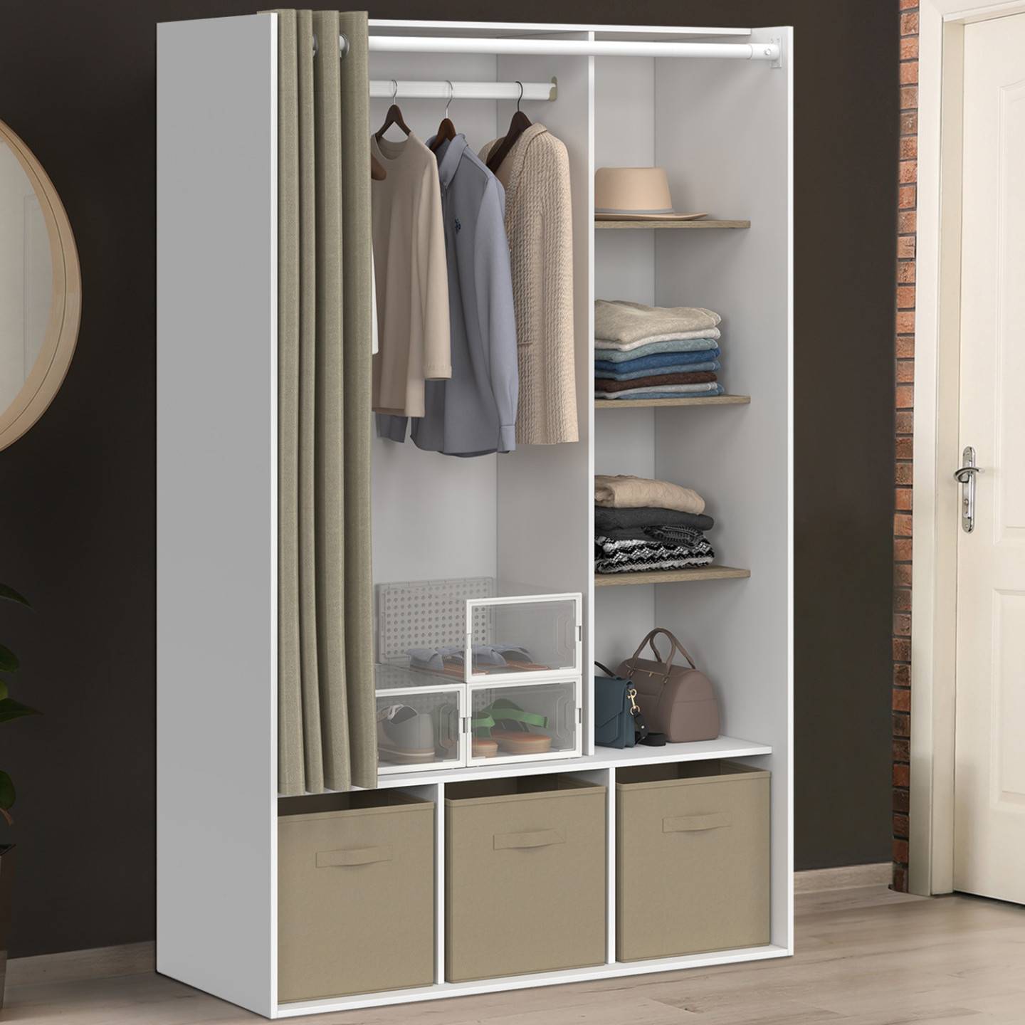 Dressing penderie DIANE 105 x 45 x 167 cm blanc avec étagères + boites de rangement + rideau taupe - Image 1