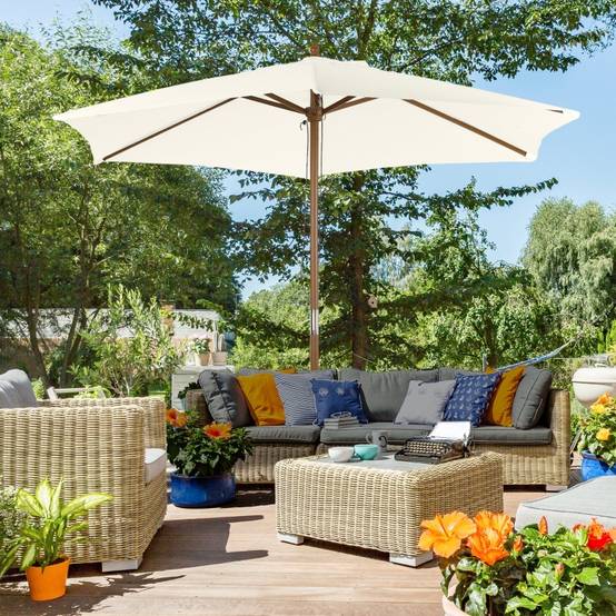 Parasol droit bois bambou polyester extérieur jardin terrasse protection UV 2.5m blanc - ComfortXL Outdoor Living - Image 1