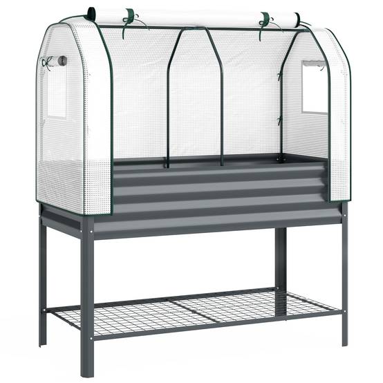ComfortXL - Potager surélevé métal galvanisé 120 x 55 x 140 cm gris foncé avec mini-serre PE et étagère de rangement - Image 10