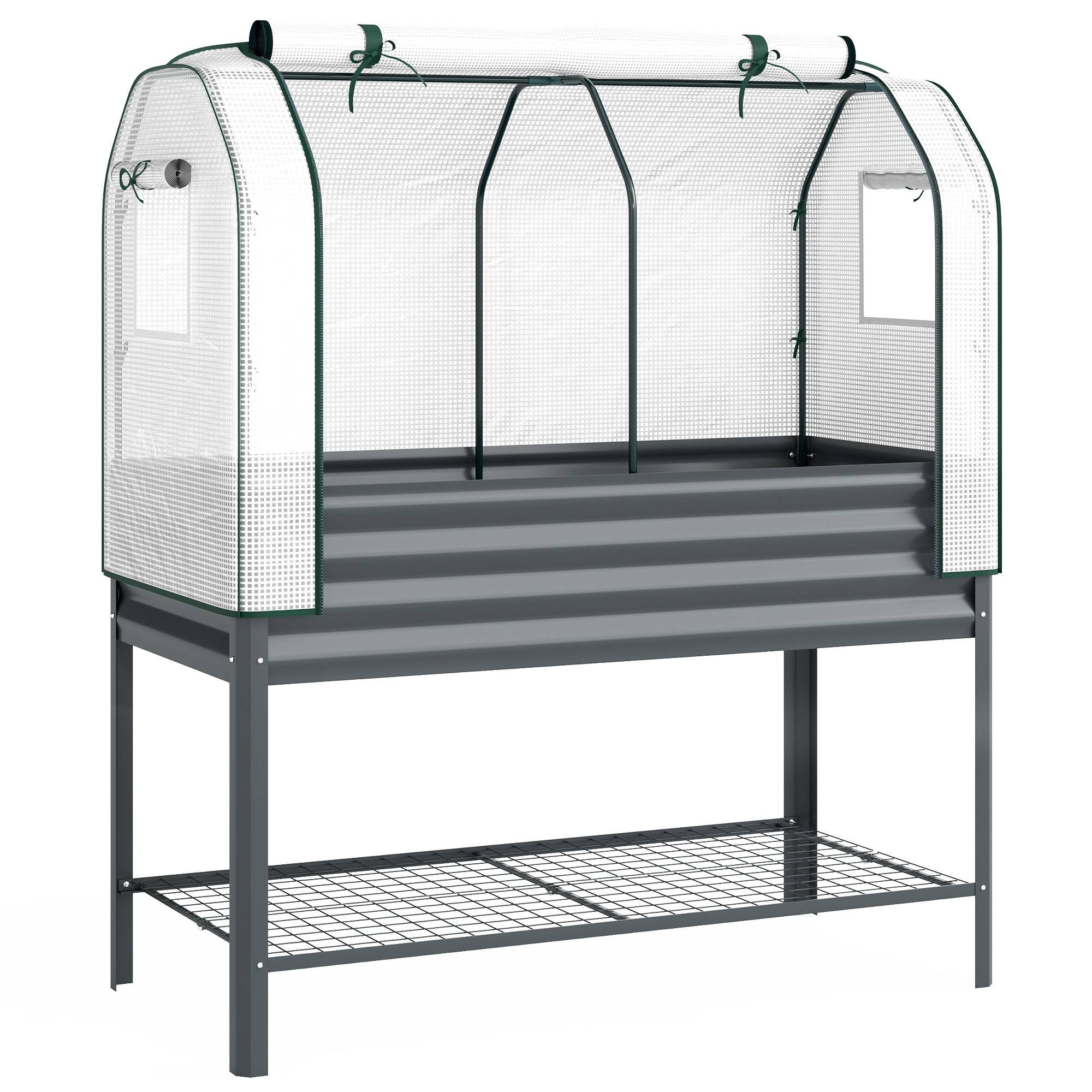 ComfortXL - Potager surélevé métal galvanisé 120 x 55 x 140 cm gris foncé avec mini-serre PE et étagère de rangement - Image 10