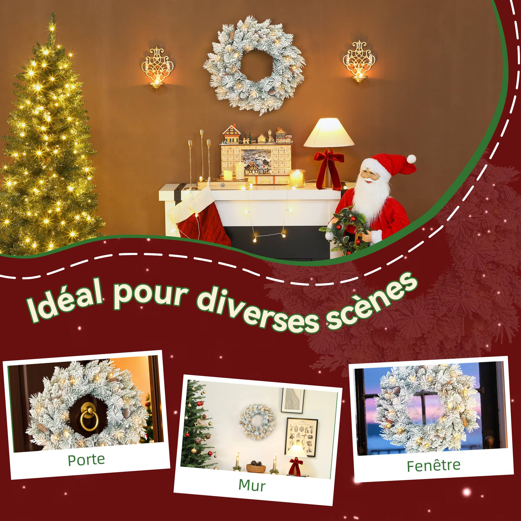 Couronne de Noël lumineuse 60 cm avec 35 LED blanc chaud, minuterie, 98 pointes, pommes de pin, vert et blanc - Image 9