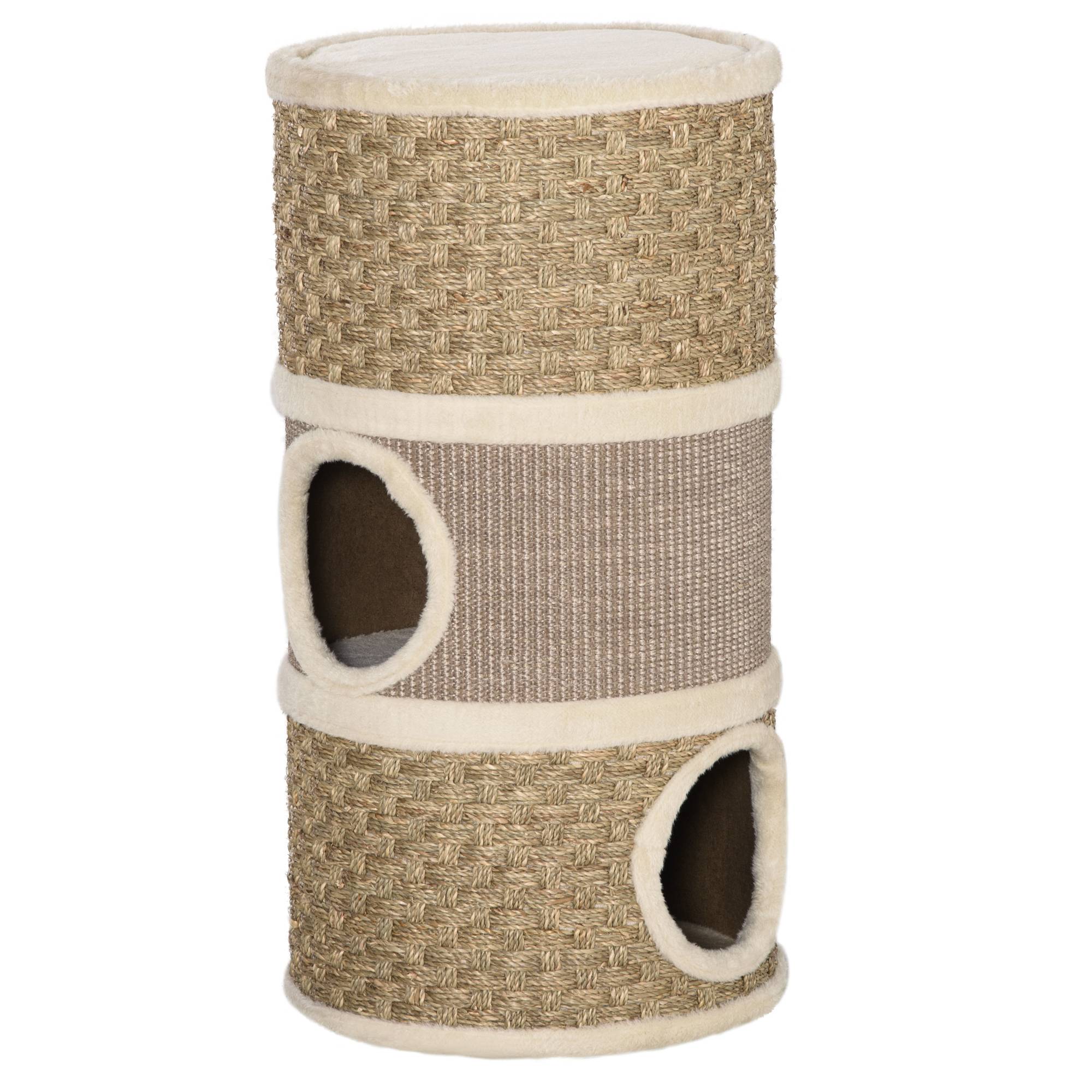 Maison pour chat avec griffoir, 3 niches, corde en sisal et algues