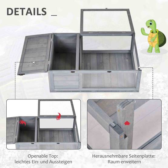 Maison pour tortues en bois avec maisons principales et dessus rabattable, 91x60,5x32 cm, gris - Image 7