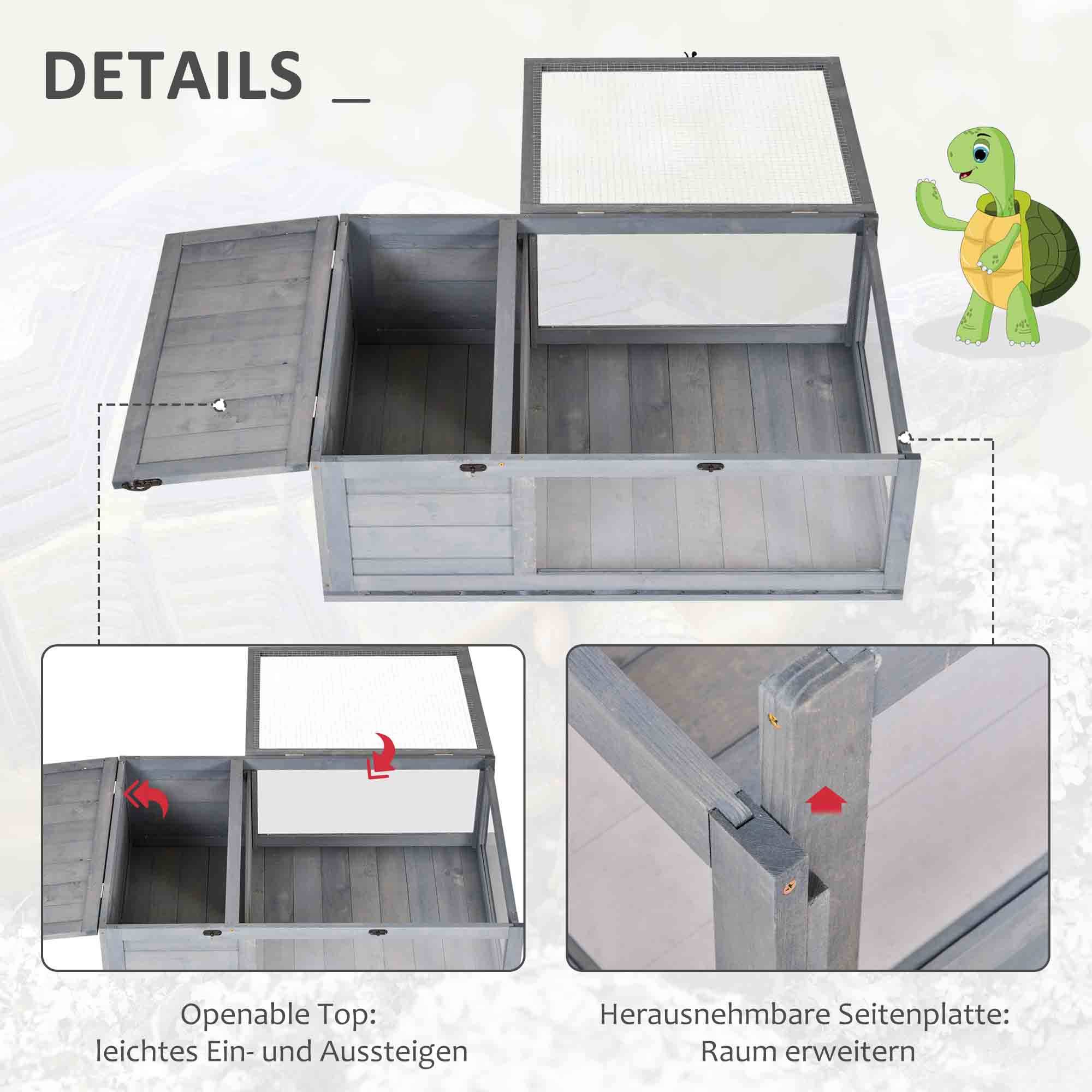 Maison pour tortues en bois avec maisons principales et dessus rabattable, 91x60,5x32 cm, gris - Image 7