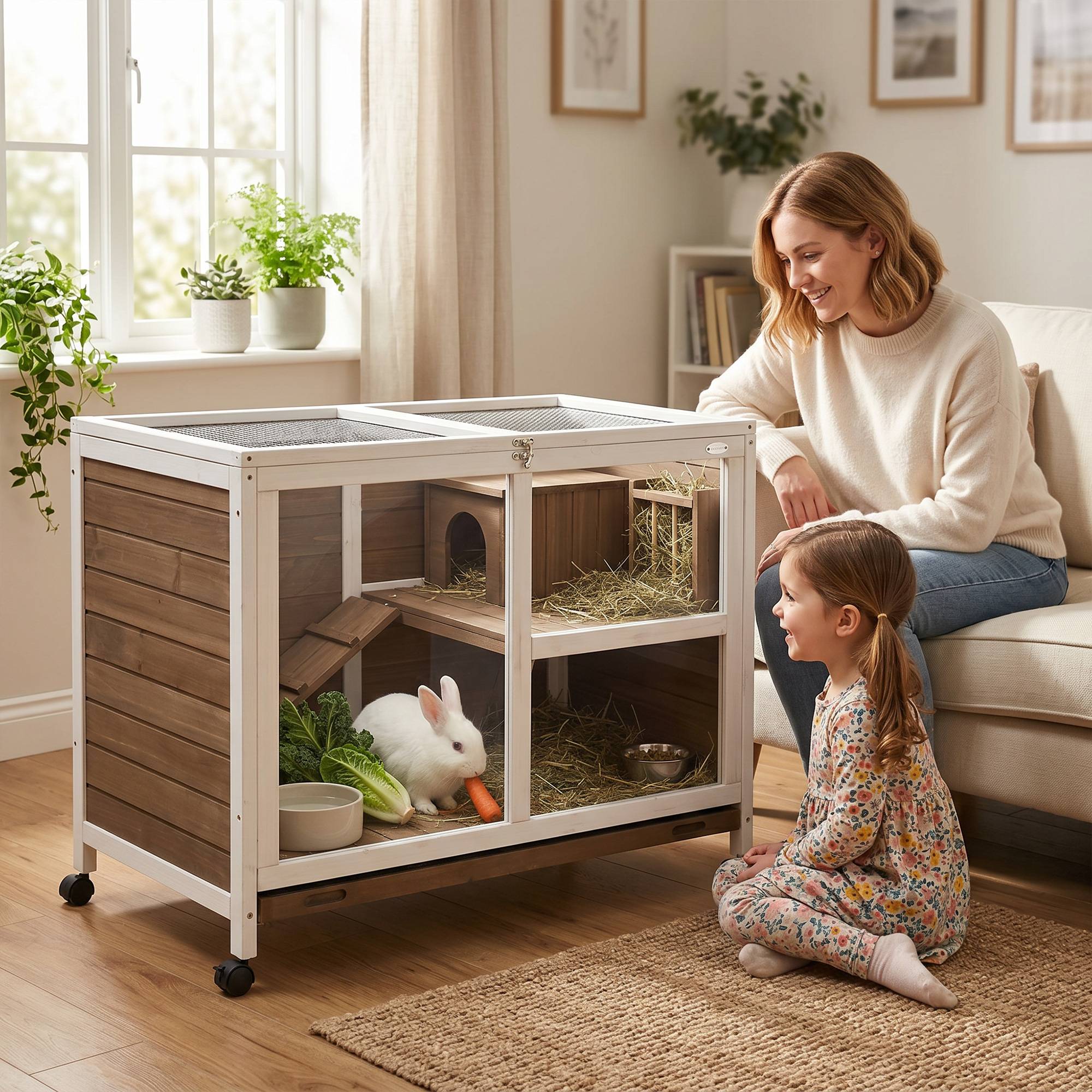 Cage à lapin clapier sur roulettes petit enclos animaux en bois massif 2 étages toit ouvrant 91,5 x 53,3 x 73 cm marron - Image 3