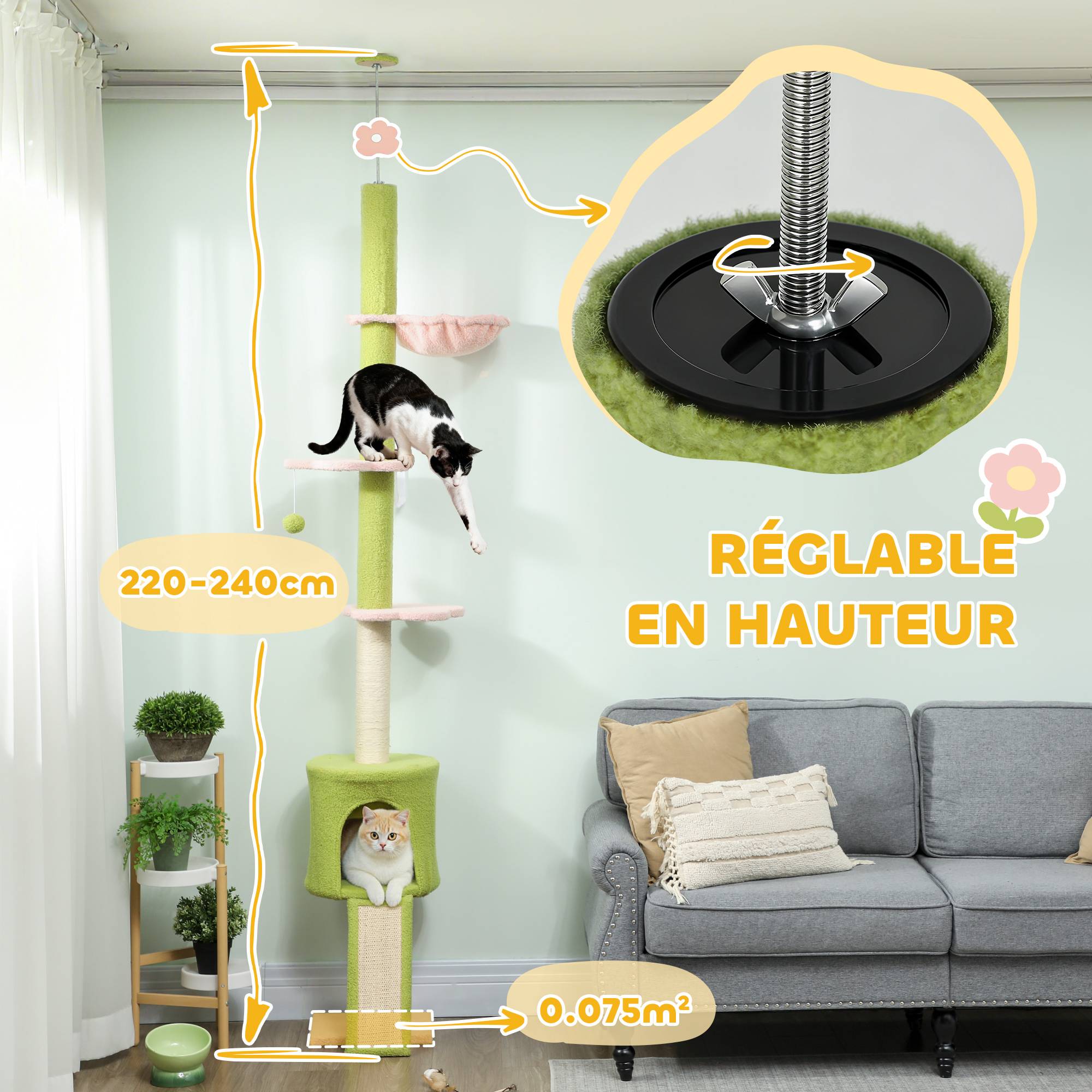 Arbre à chat plafond sisal et polaire vert 30 x 25 x 240 cm - PANGIVO - Image 6