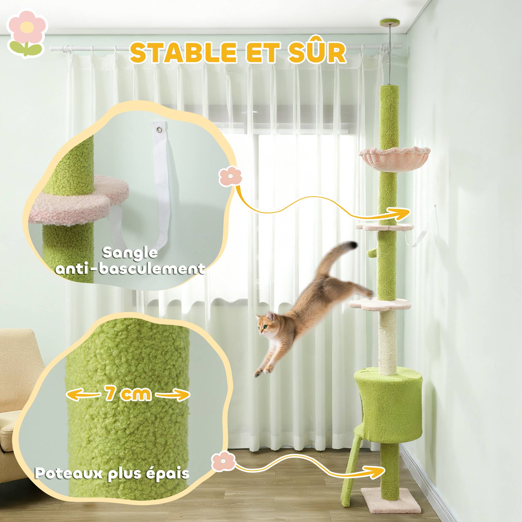 Arbre à chat plafond sisal et polaire vert 30 x 25 x 240 cm - PANGIVO - Image 9